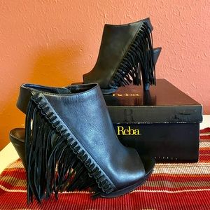 Black leather REBA open toe/sling back high heel shoes
